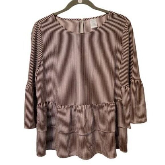 Time and Tru Womens Sz S Brown Cream Striped 3/4 Sleeve Blouse - Picture 1 of 8